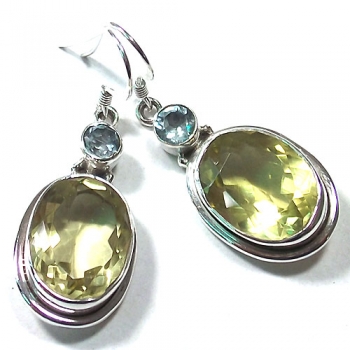 Casual wear two stone lemon quartz blue topaz sterling silver drop earrings